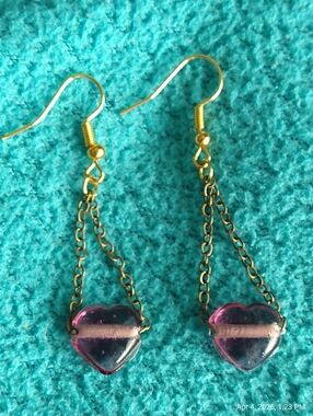Gold-Tone Drop Earrings with Pink Heart Glass Charms • Hand Crafted.